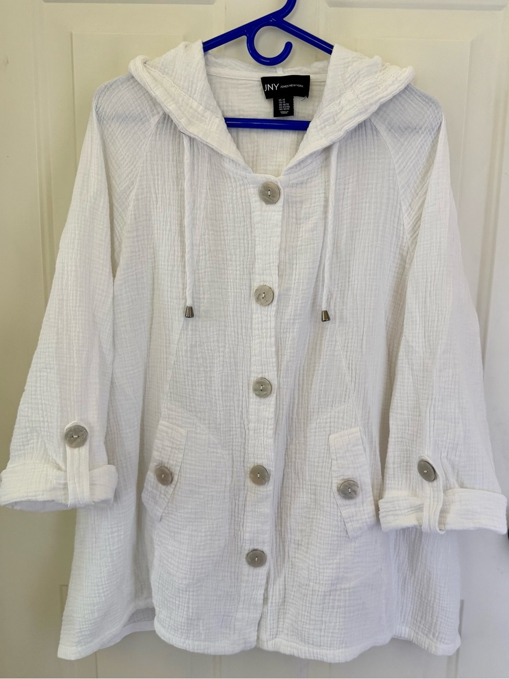NY Collection White Hooded Button-Up Gauze Jacket